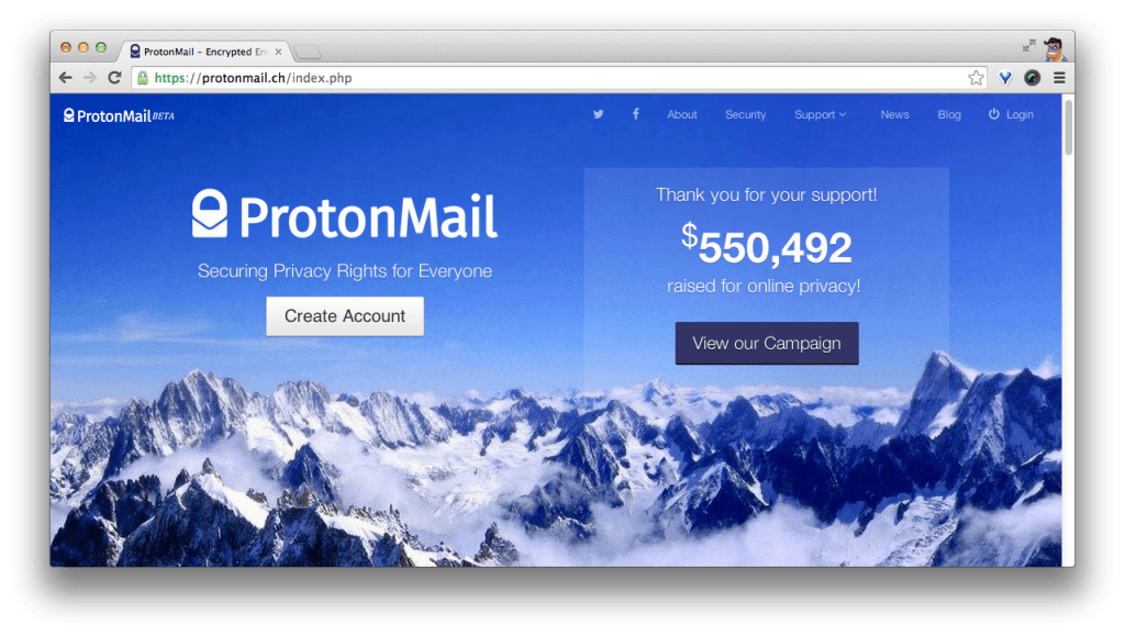 Фрагмент интерфейса сайта ProtonMail.