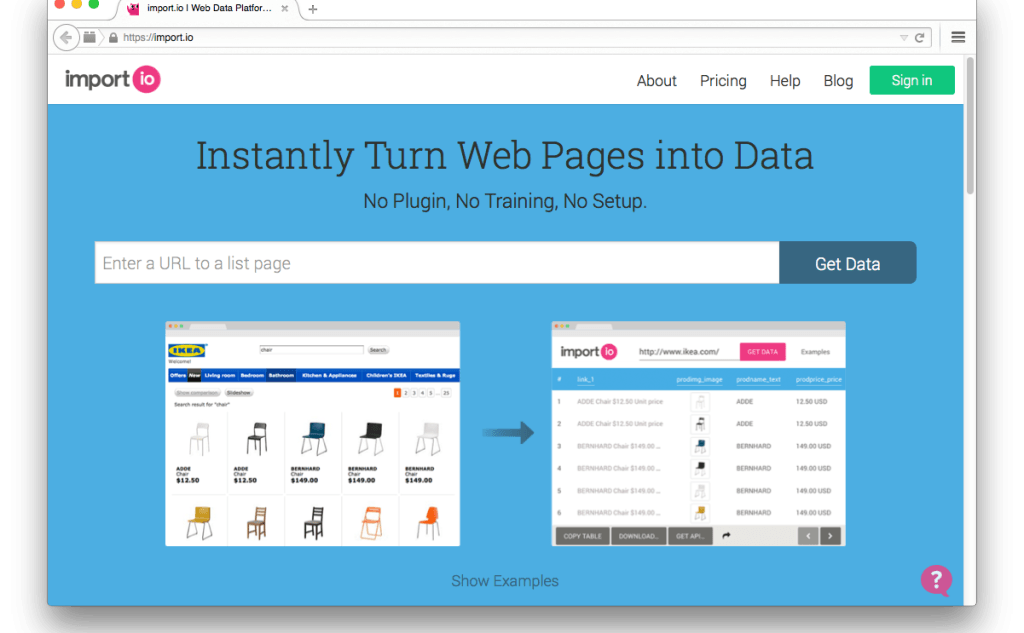 Фрагмент сайта Import.io
