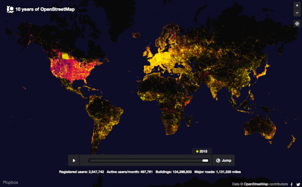 10 лет работы OpenStreetMap. Прорисовка мира на 2015 год.