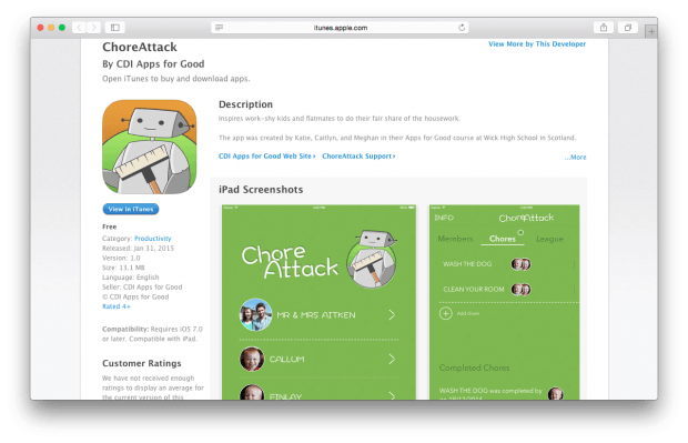 Фрагмент приложения ChoreAttack для iOS.