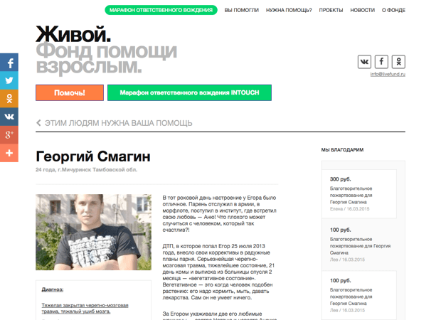 Страница фандрайзинговой кампании, сделанной с помощью плагина Лейка