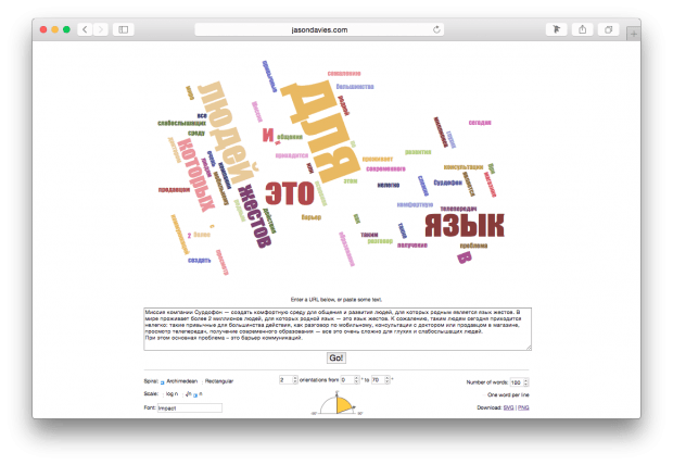 Фрагмент сайта Word Cloud.