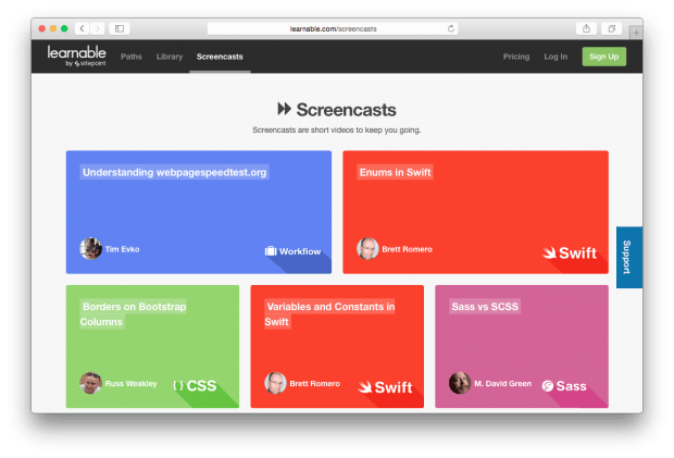 Фрагмент сайта Learnable. Раздел бесплатных скринкастов.