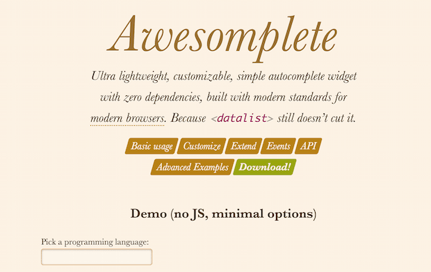 Awesomplete - стильный и легко настраиваемый виджет для автозаполнения форм