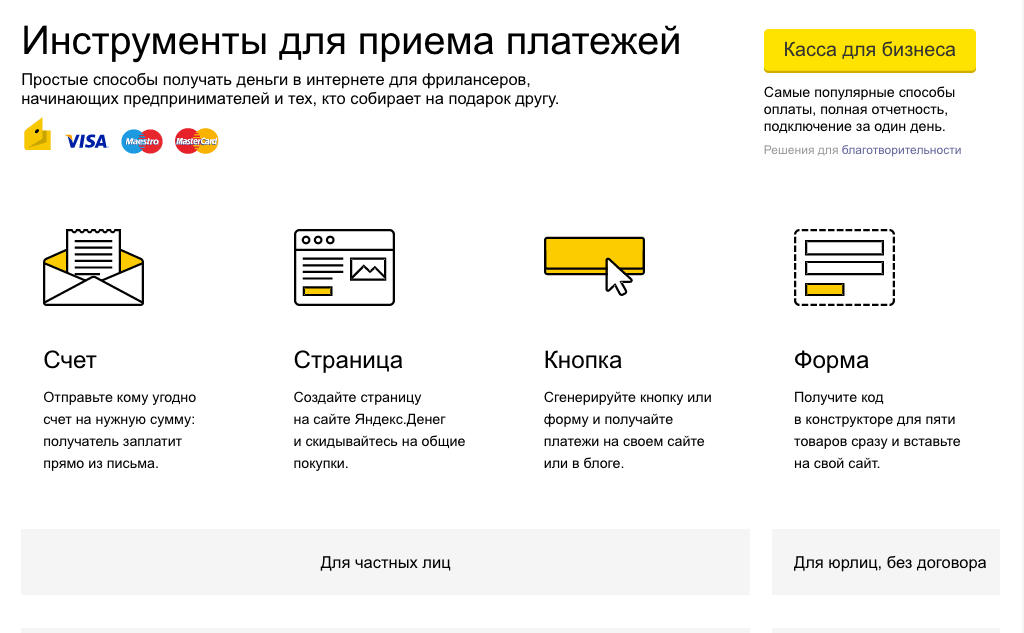 Инструменты приема платежей Яндекс.Деньги для физических лиц