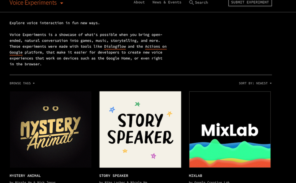 Первые примеры загруженные в библиотеку показывают, как голос можно использовать для расширения возможностей стандартных приложений. Фото: сайт проекта experiments.withgoogle.com/voice