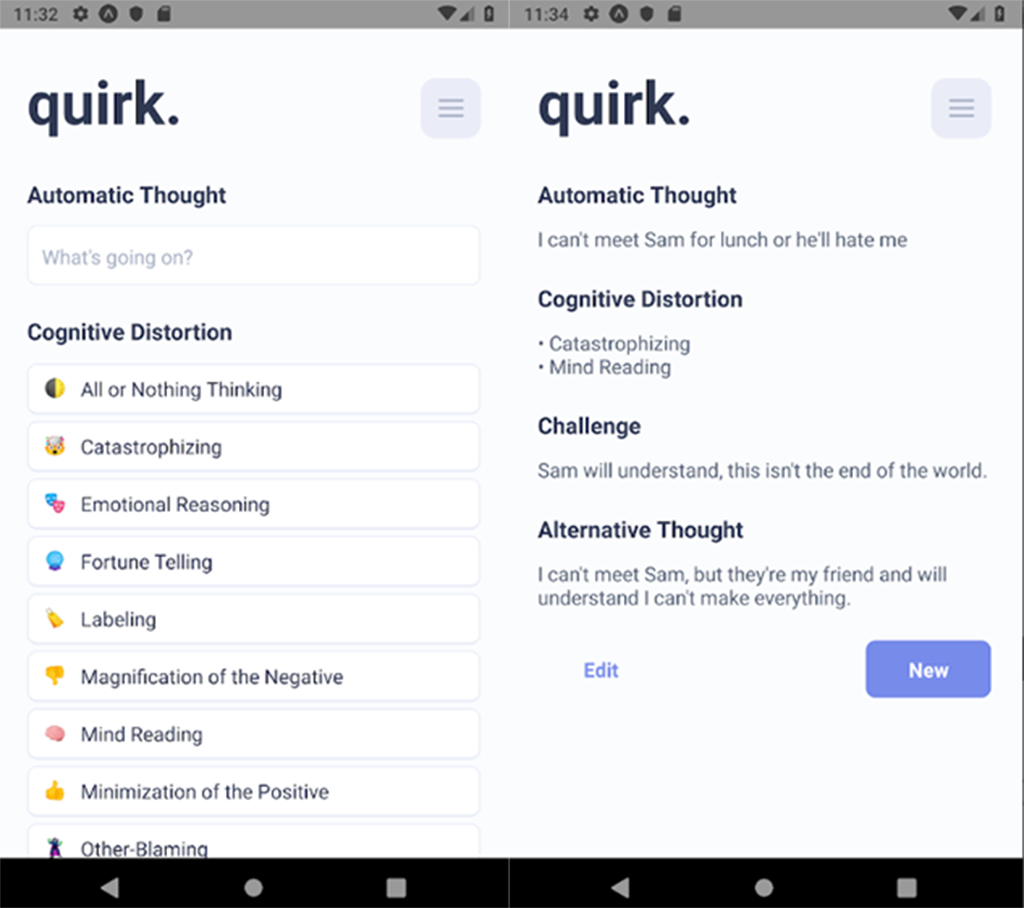 «Автоматическое» убеждение:  «Я не могу пойти с Сэмом на ланч, он будет меня ненавидеть». Когнитивное искажение: катастрофизация и иллюзии правды.  Альтернатива: «Я не могу пойти с Сэмом, но он мой друг и поймет, что я не властен над обстоятельствами». Скриншот из приложения.