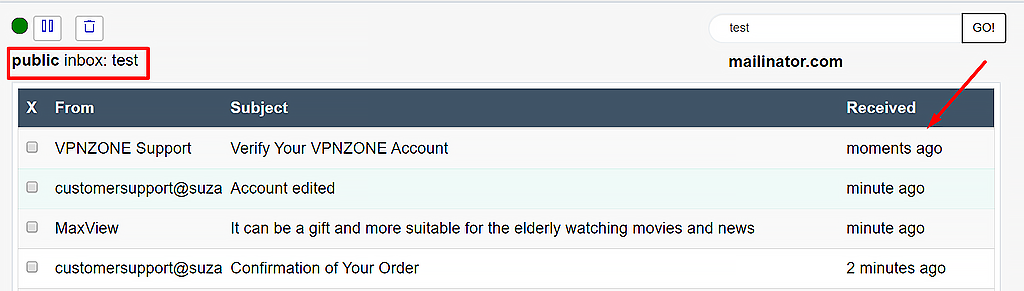 Так выглядят входящие в "общем" почтовом ящике. Скриншот с сайта: mailinator.com