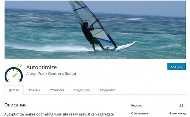 Autoptimize предназначен для оптимизации сайта на WordPress. Скриншот экрана.