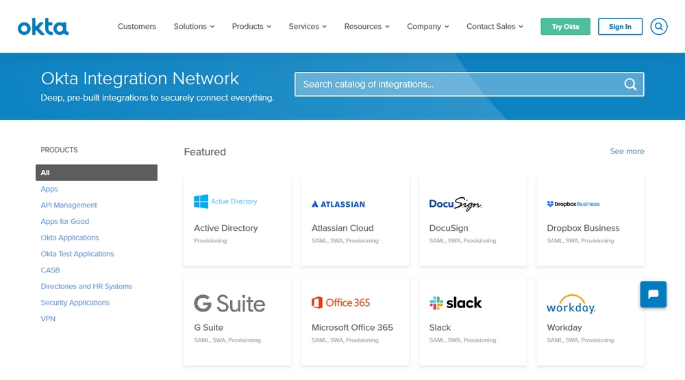 Каталог приложений Okta разбит на категории для удобного поиска приложений. Скриншот сайта okta.com