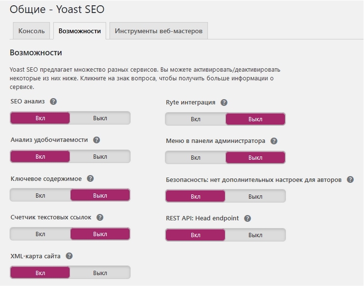 Перечень настроек плагина Yoast SEO, отвечающих за его функционал