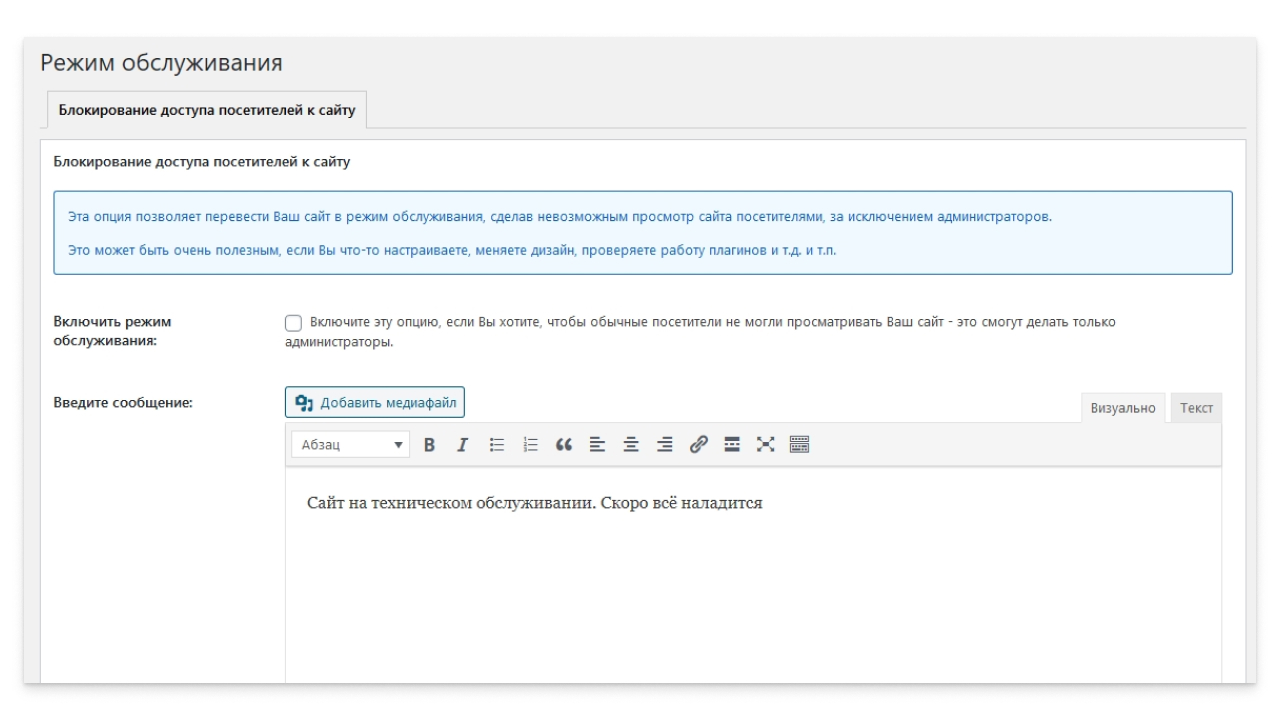 Скриншот раздела по управлению режимом обслуживания