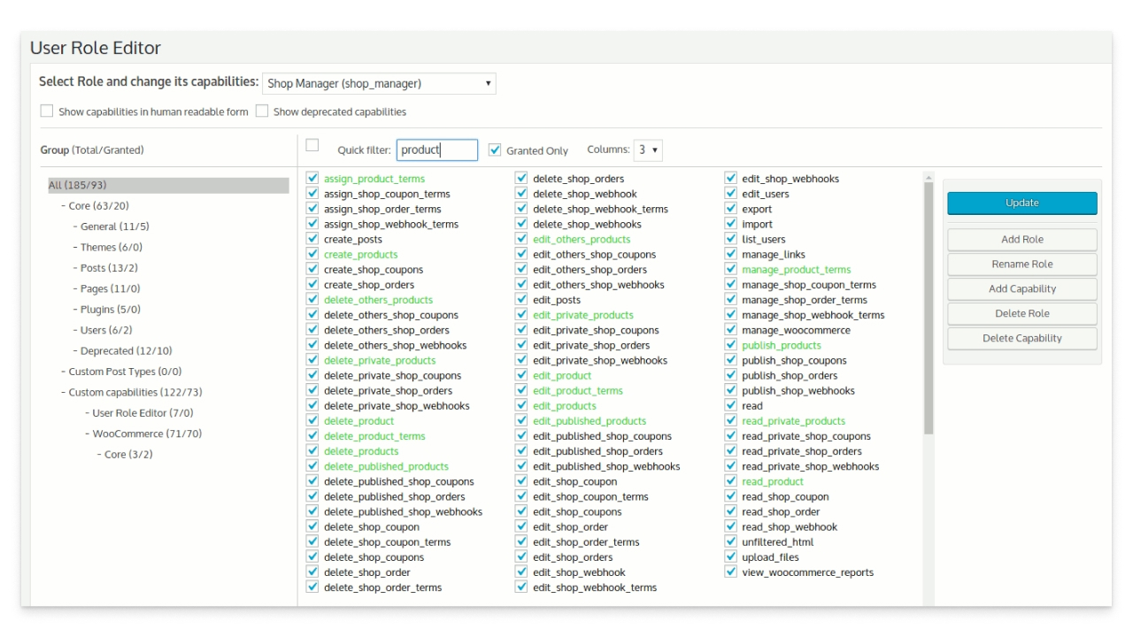 Скриншот окна настроек плагина User Role Editor
