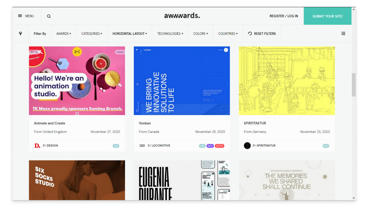Примеры сайтов с горизонтальной прокруткой. Скриншот сайта awwwards.com