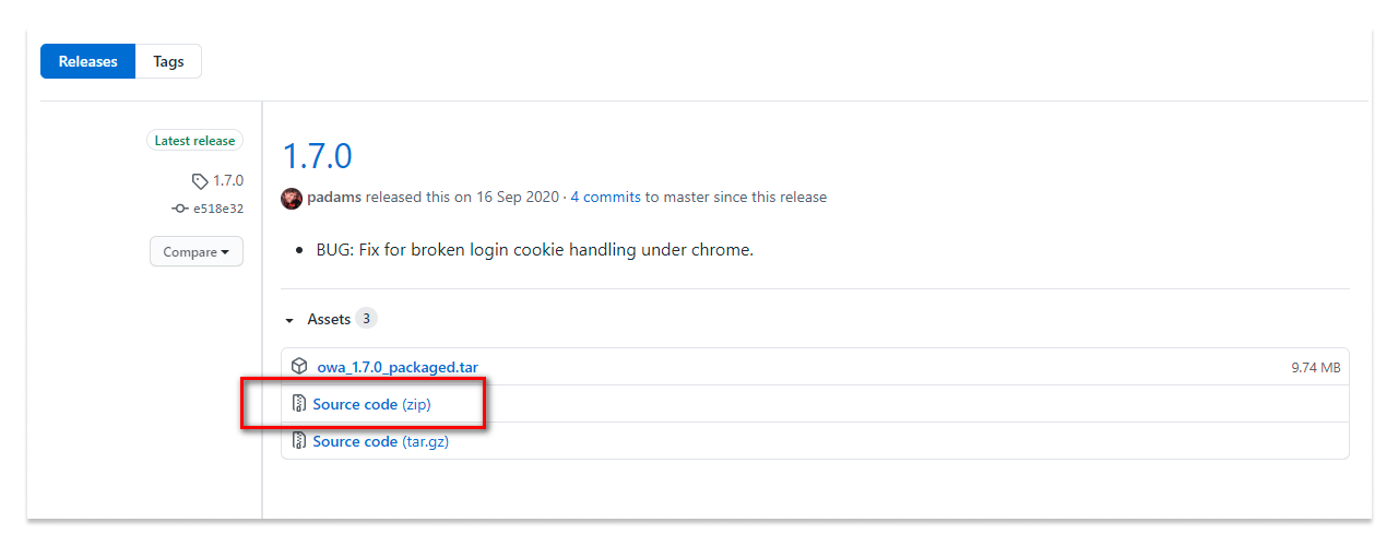 Скриншот страницы версий приложения на GitHub