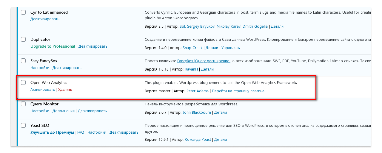 Скриншот страницы плагинов в консоли WordPress