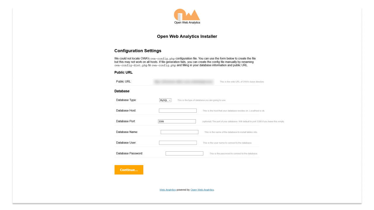 Скриншот окна настроек установщика Open Web Analytics