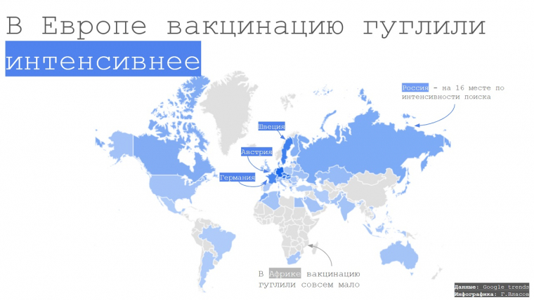 Россия на 16 месте по интенсивности поиска. В Европе вакцинацию гуглили активнее, а в Африке — совсем мало. Инфографика: Георгий Власов.