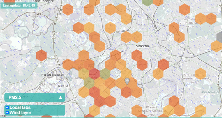 Карта Москвы, на которой отмечены станции по мониторингу чистоты воздуха.