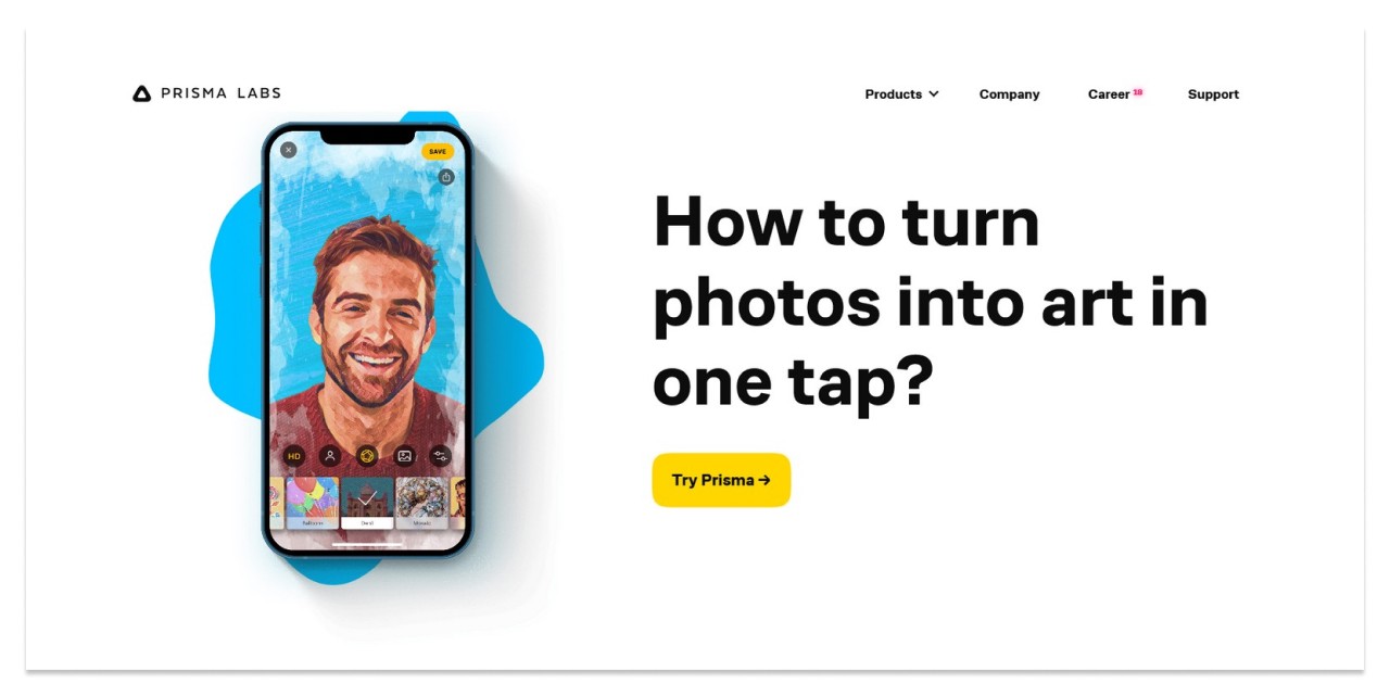 скриншот сайта https://prisma-ai.com/prisma. Бывший фаворит топа мобильных приложений
