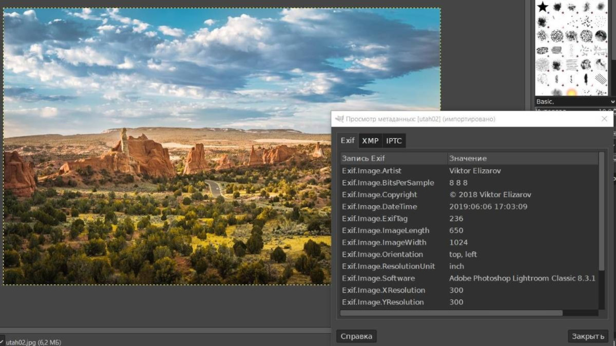Просмотр метаданных в GIMP