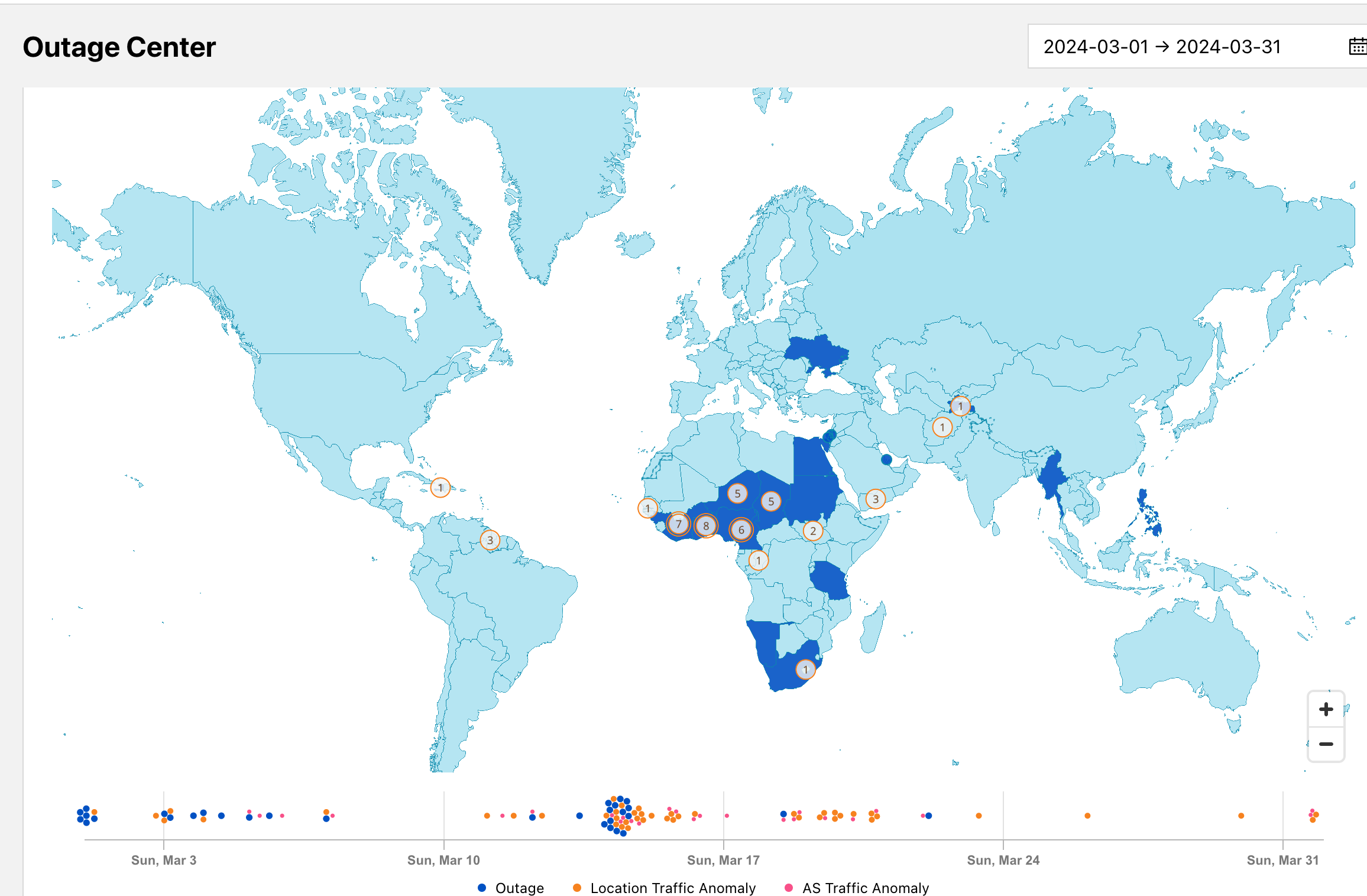 Карта стран, пострадавших от отключений интернета в марте 2024 года, на дашборде Cloudflare Radar. 