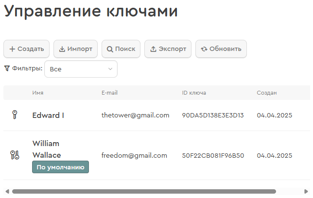 Связка ключей в Mailvelope, готовая для экспорта