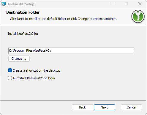 KeePassXC, выбор места установки